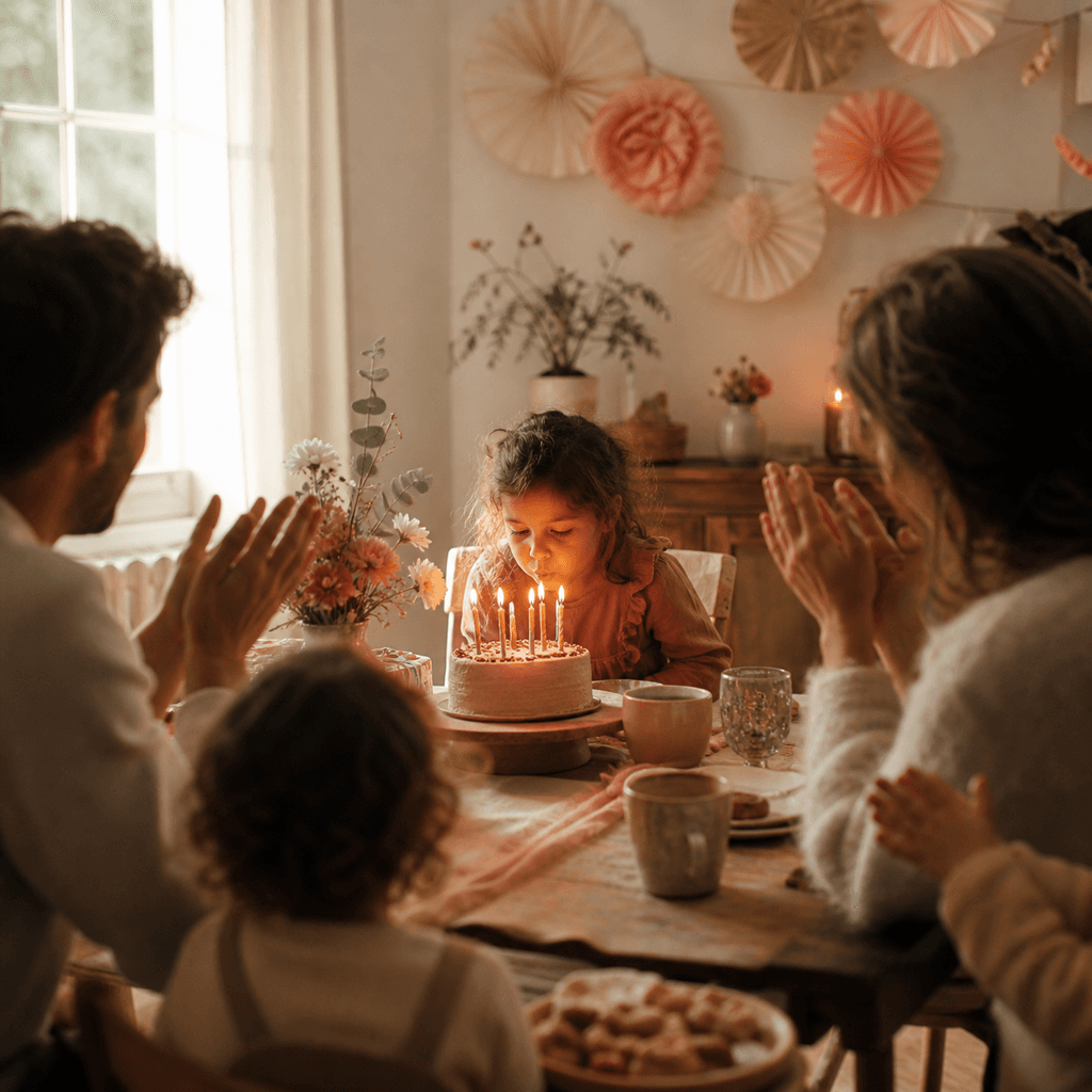 Candid warm birthday scene with a child, cake candles, and family gathered around.