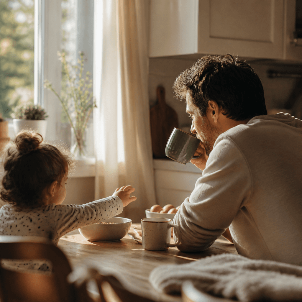 Candid quiet breakfast scene with a parent and child in warm window light.