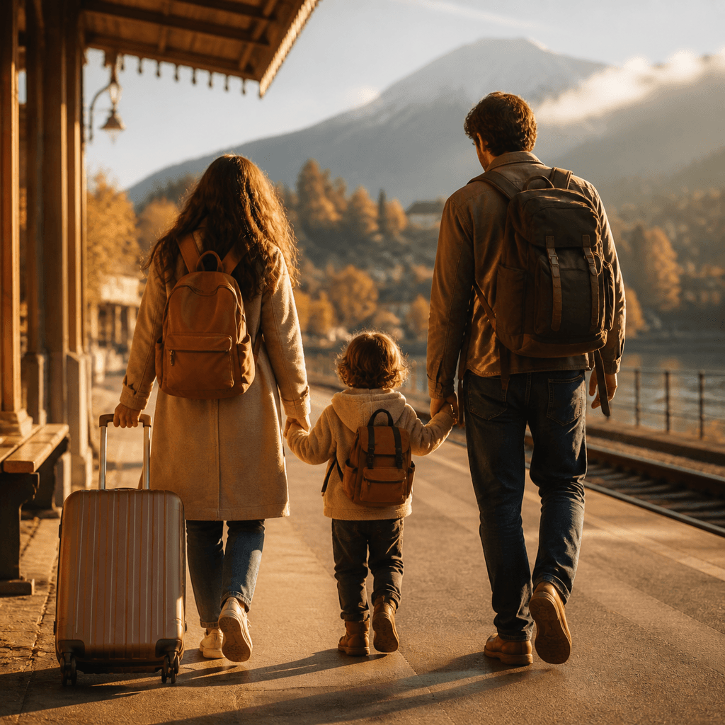 Candid family travel scene with parents and a child walking near a scenic mountain platform.