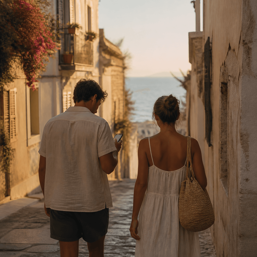 Candid warm coastal weekend scene with two people walking through a sunlit lane.